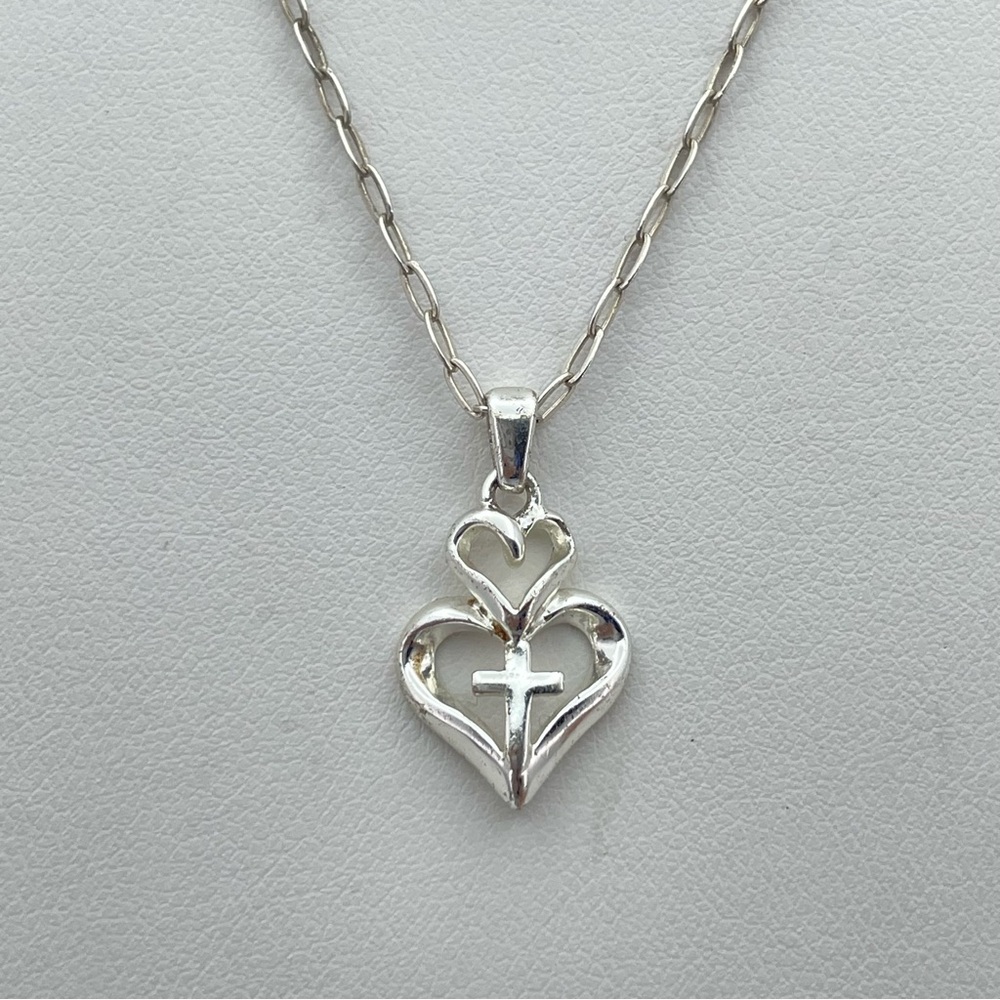 Sterling Silver 925 Double Heart Cross Pendant Necklace – 16”